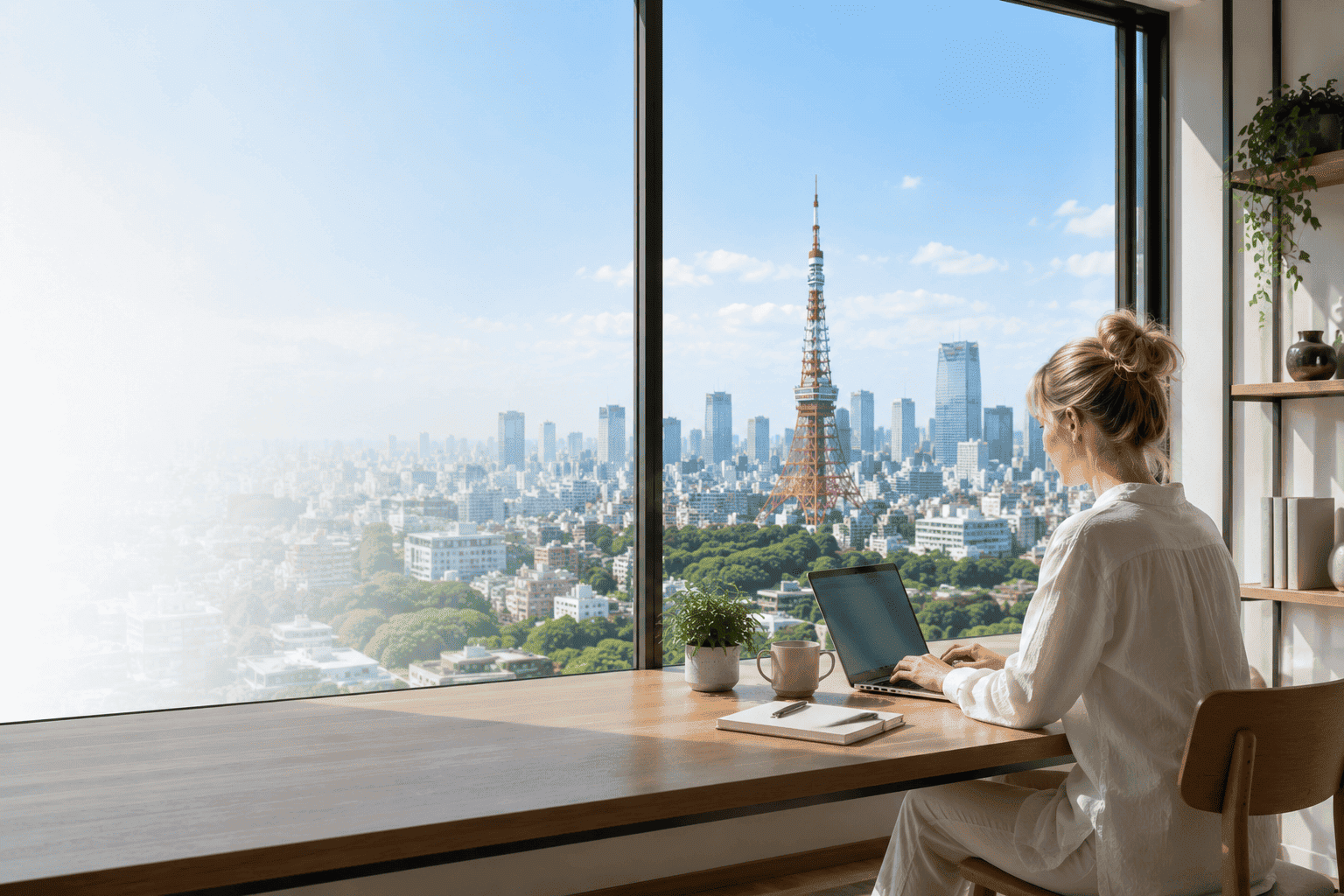 A digital nomad working with a view of Tokyo Tower