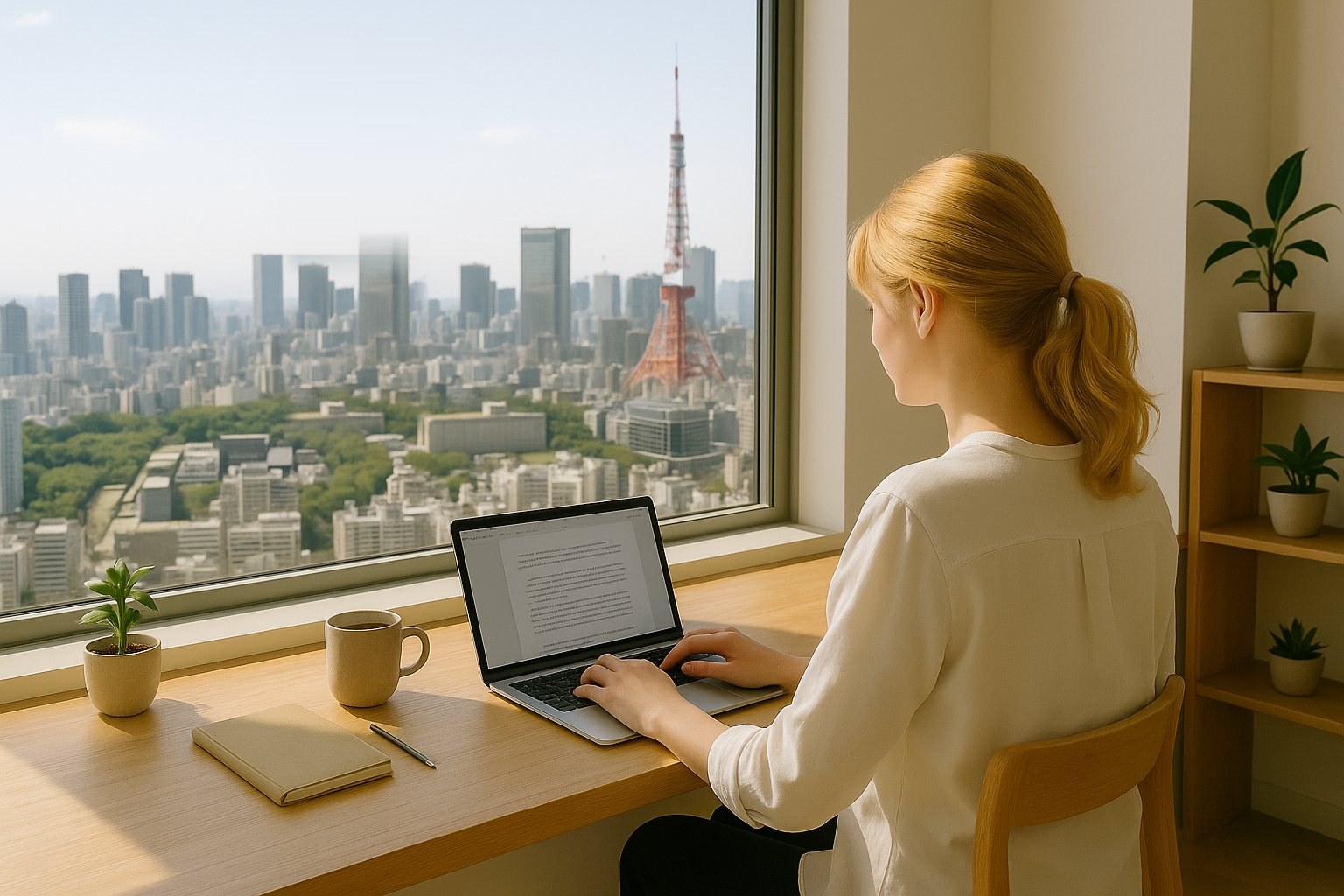 A digital nomad working with a view of Tokyo Tower